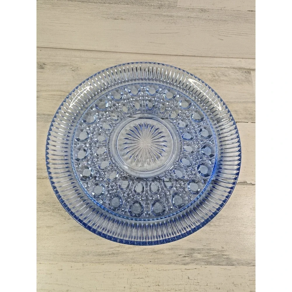 VTG Blue Glass Cake Plate Button & Cane Windsor Low Profile 11